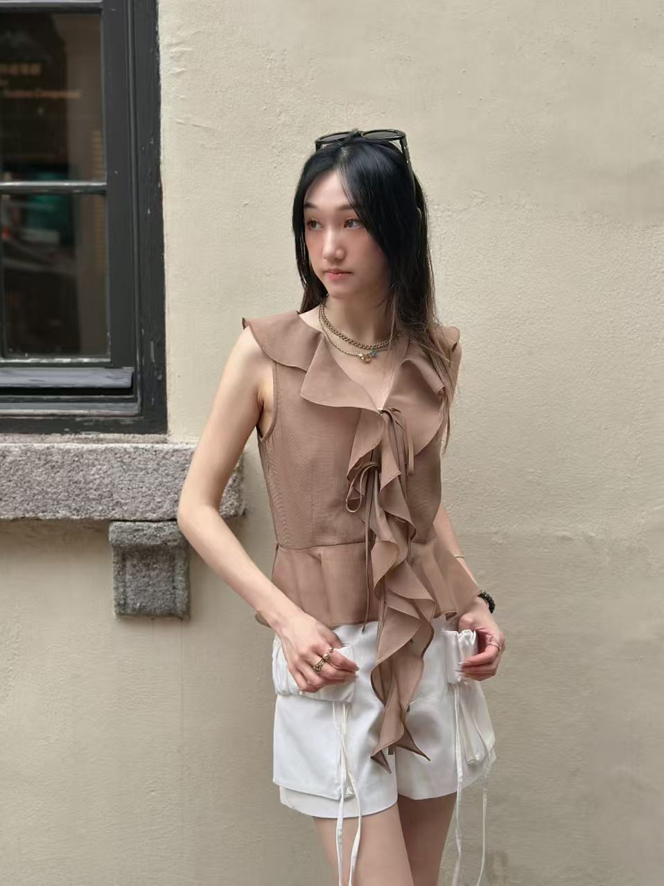 Rust Brown Ruffled Sleeveless Top