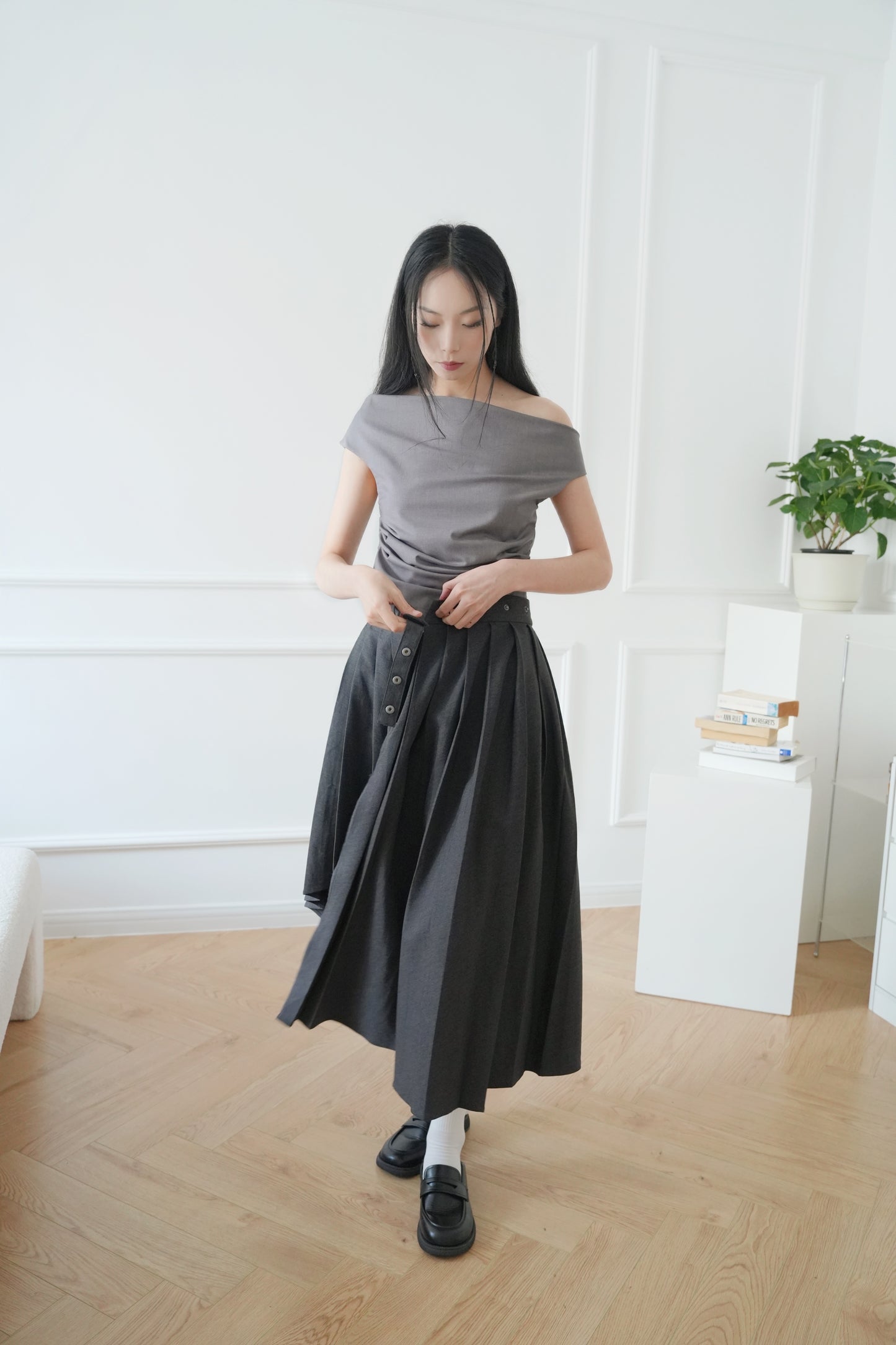 Grey Asymmetric Off Shoulder Top