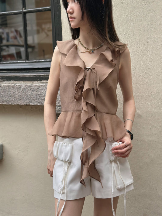 Rust Brown Ruffled Sleeveless Top
